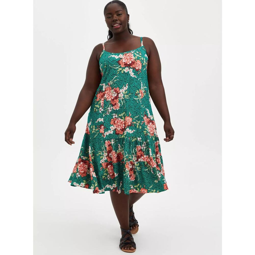 New Torrid Midi Challis Trapeze Dress Green Scoop Neck Tiered Sleeveless Sz 3X